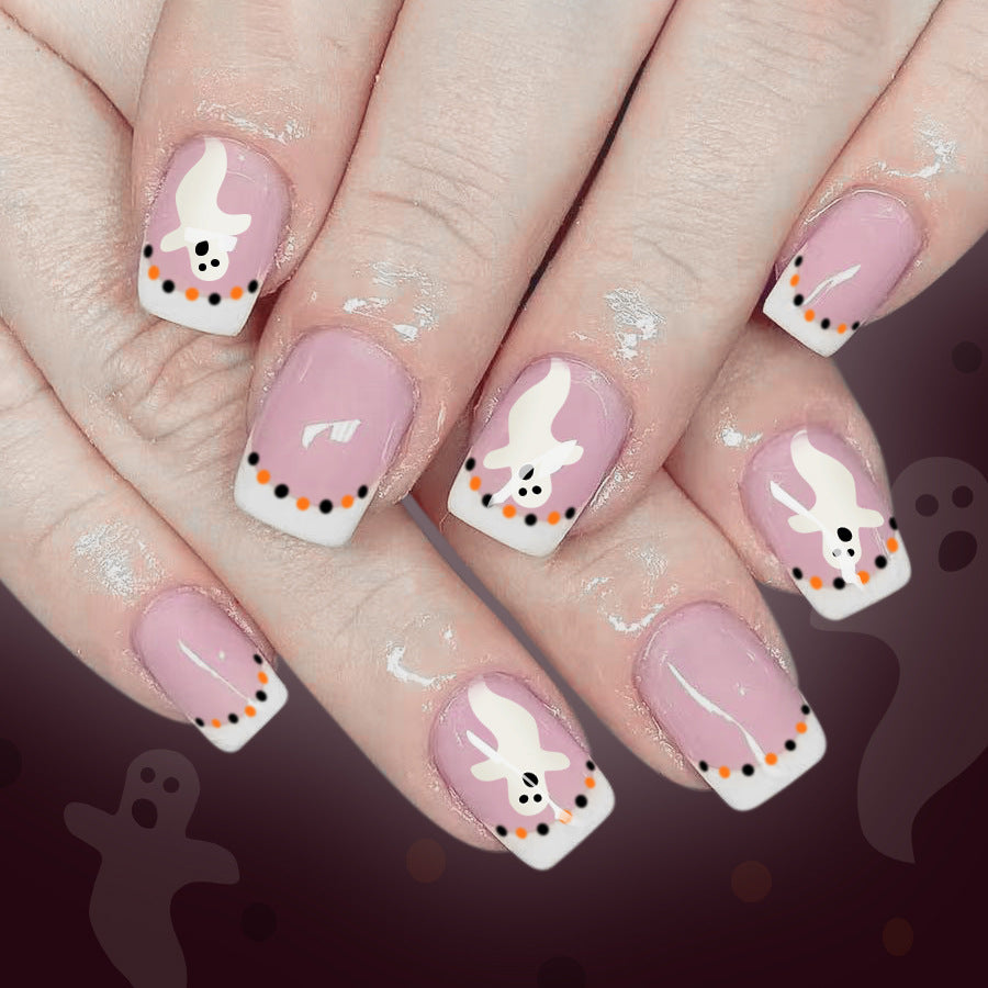 Spooky Ghost Theme Short Square Pink and White Press on Nail Set with Charming Halloween Design