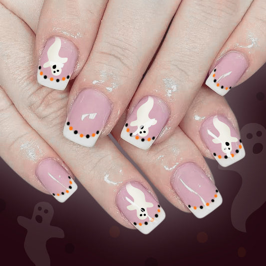 Spooky Ghost Theme Short Square Pink and White Press on Nail Set with Charming Halloween Design