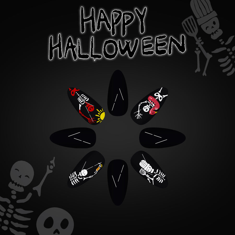 Spooky Halloween Long Almond Black Press On Nail Set Featuring Creative Skeleton Designs