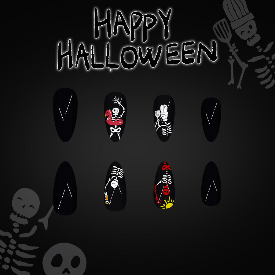 Spooky Chic Press On Nail Set Long Almond Black with Halloween Skeleton Art