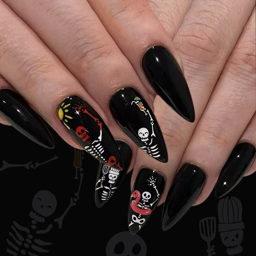 Spooky Glamour Long Stiletto Black Press-On Nail Set with Unique Skeleton Design