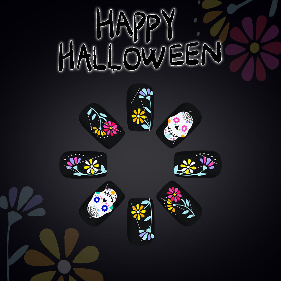 Spooky Floral Black Medium Square Press On Nail Set with Day of the Dead Sugar Skull Design