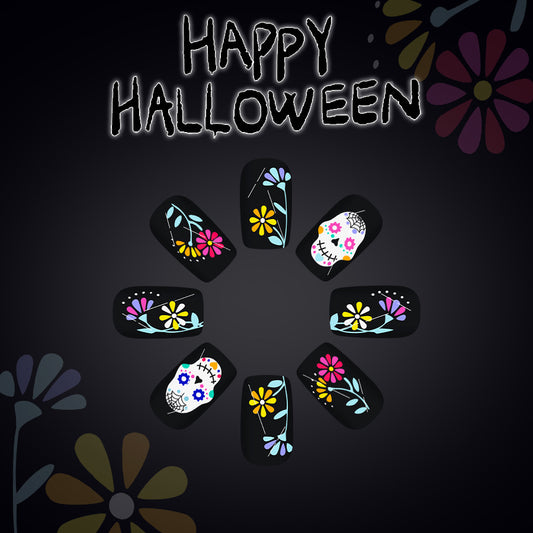 Spooky Floral Black Medium Square Press On Nail Set with Day of the Dead Sugar Skull Design