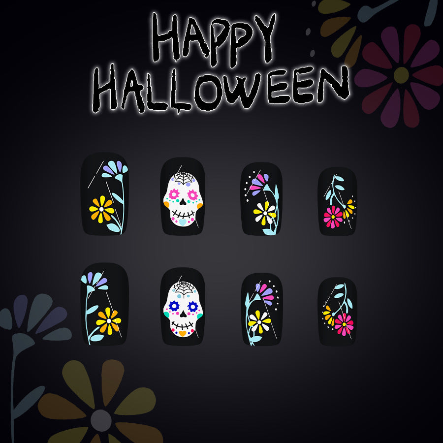 Spooky Floral Design Medium Square Black Press On Nail Set with Colorful Sugar Skull and Flower Accents
