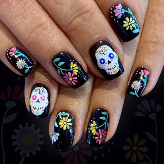 Vibrant Day of the Dead Medium Square Black with Floral Sugar Skull Art Press On Nail Set