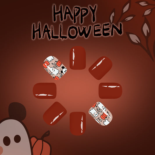 Spooky Halloween Short Square Deep Red Press on Nails with Adorable Ghost and Pumpkin Design