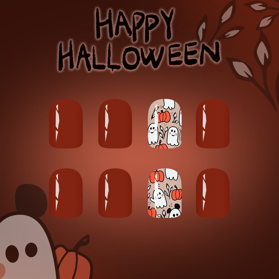 Spooky Vibes Short Square Rust Red Nails with Whimsical Ghost and Pumpkin Design