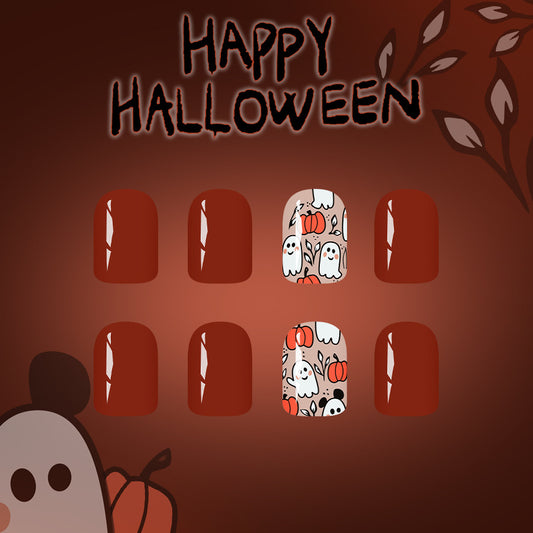 Spooky Vibes Short Square Rust Red Nails with Whimsical Ghost and Pumpkin Design