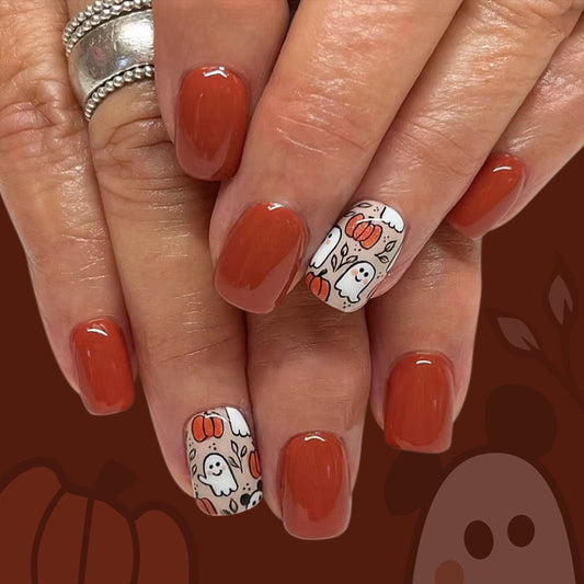 Spooky Autumn Vibes Short Square Burnt Orange with Halloween Ghost and Pumpkin Design Press On Nail Set