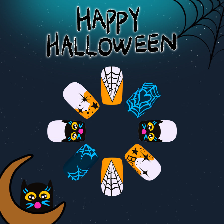 Spooky Halloween MEdium Square Black and Orange with Fun Cat and Spider Designs Press on Nail Set