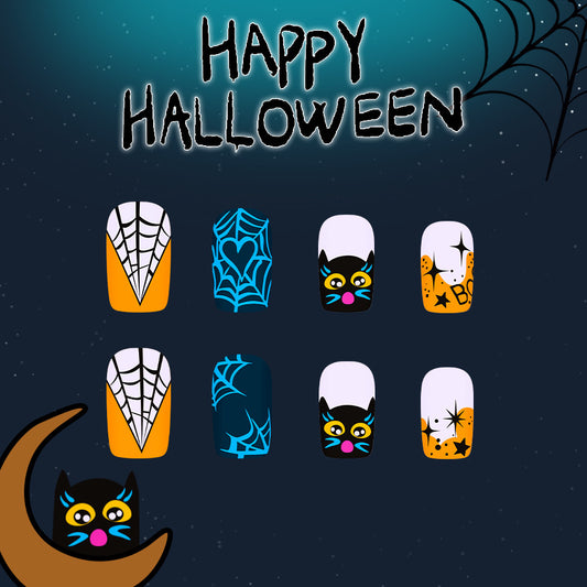 Spooky Halloween Medium Square Press On Nail Set in Orange Blue Black Featuring Fun Cat and Spider Designs