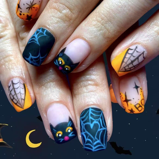 Spooky Cat-Themed Medium Square Orange and Black Press-On Nail Set with Fun Halloween Designs