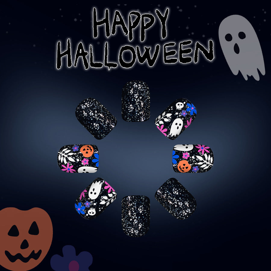 Spooky Halloween Short Square Black with Glitter and Unique Ghost Design Press On Nail Set