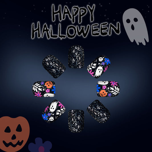 Spooky Halloween Short Square Black with Glitter and Unique Ghost Design Press On Nail Set