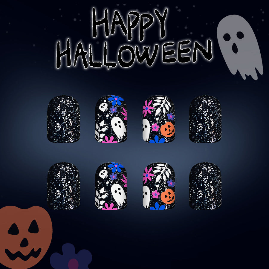 Spooktacular Glimmer Short Square Black With Ghosts and Floral Design Press On Nail Set