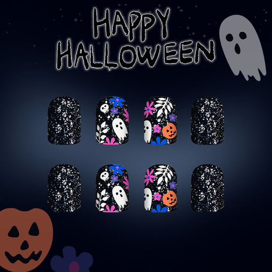 Spooktacular Glimmer Short Square Black With Ghosts and Floral Design Press On Nail Set