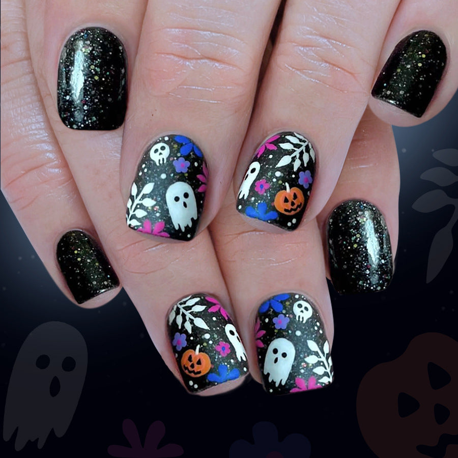 Spooky Elegance Glossy Short Square Black Nail Set with Ghost and Pumpkin Designs
