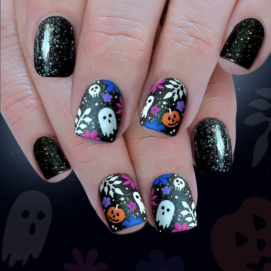Spooky Elegance Glossy Short Square Black Nail Set with Ghost and Pumpkin Designs