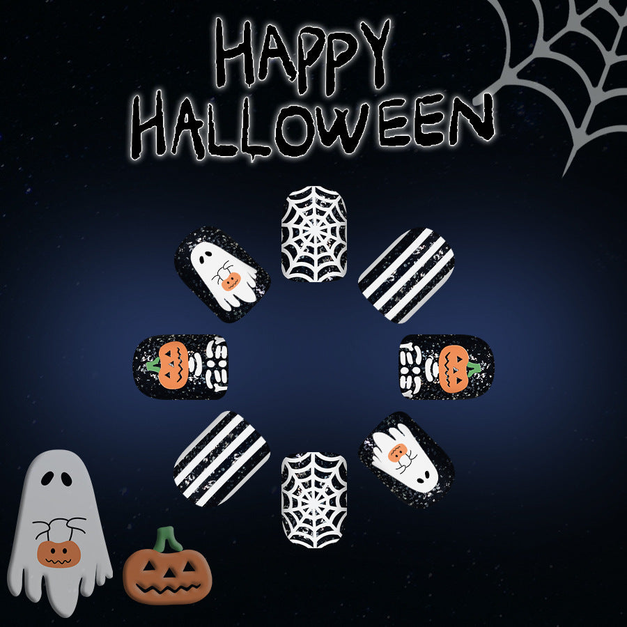 Spooky Halloween Short Square Black with Whimsical Ghost and Pumpkin Design Press On Nail Set