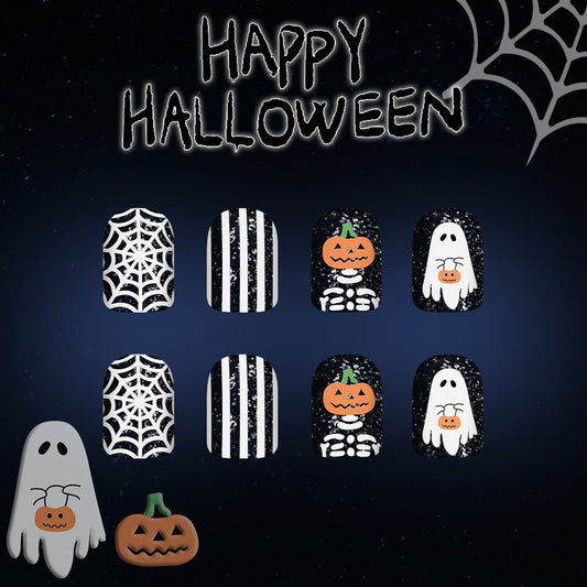 Spooky Halloween Short Square Black and White Press on Nail Set with Fun Pumpkin and Ghost Designs