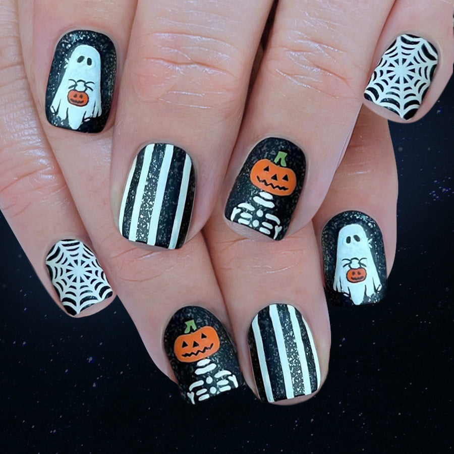 Spooky Halloween Inspired Short Square Black and White with Glitter and Pumpkin Design Press On Nail Set