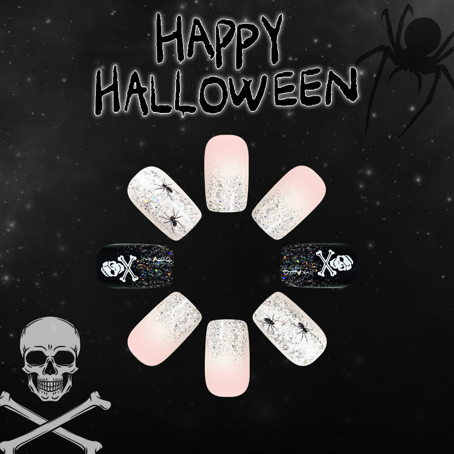 Spooky Halloween Medium Square Pink and Glitter Black Press-On Nail Set with Spider and Skull Design