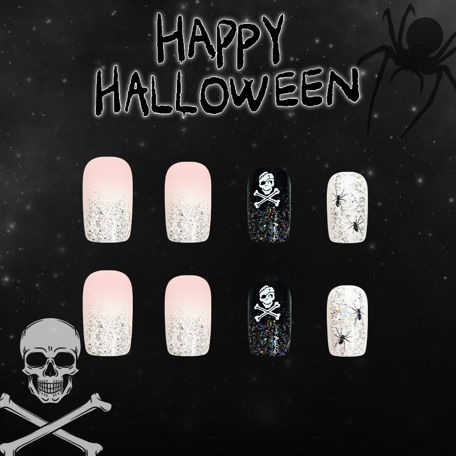 Spooky Celebration Medium Square Pink and Black with Glitter and Skull Designs Press On Nail Set