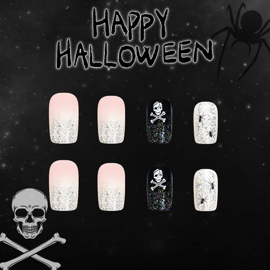 Spooky Celebration Medium Square Pink and Black with Glitter and Skull Designs Press On Nail Set
