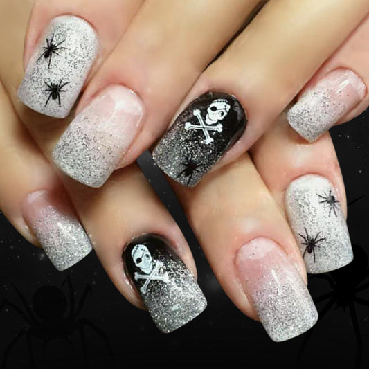 Spooky Glamour Medium Square Glitter Gradient Black and Silver with Skull and Spider Design Press On Nail Set