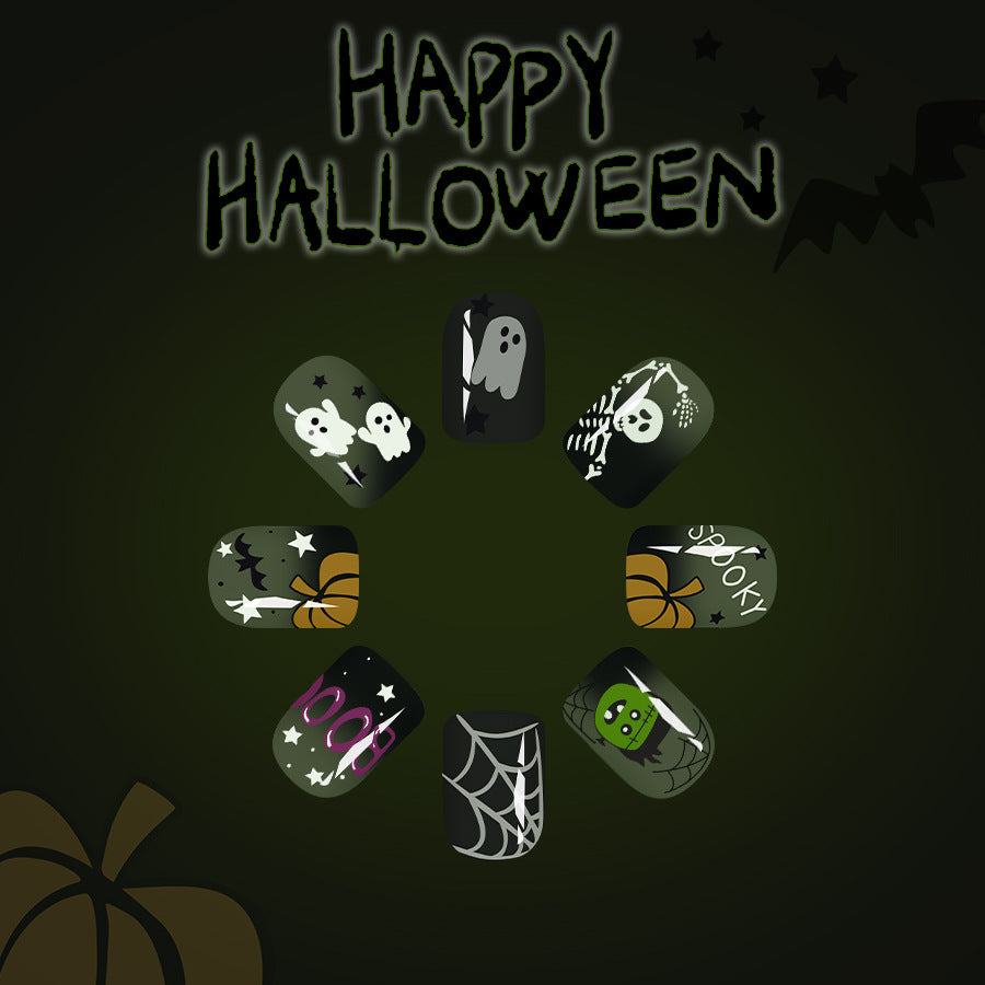 Spooky Halloween Short Square Green Press-on Nail Set with Whimsical Ghost and Skeleton Designs