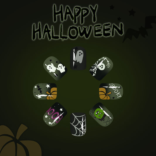 Spooky Halloween Short Square Green Press-on Nail Set with Whimsical Ghost and Skeleton Designs