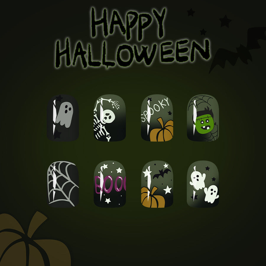 Spooktacular Halloween Short Square Black and Green Nail Set with Whimsical Ghoul and Pumpkin Designs
