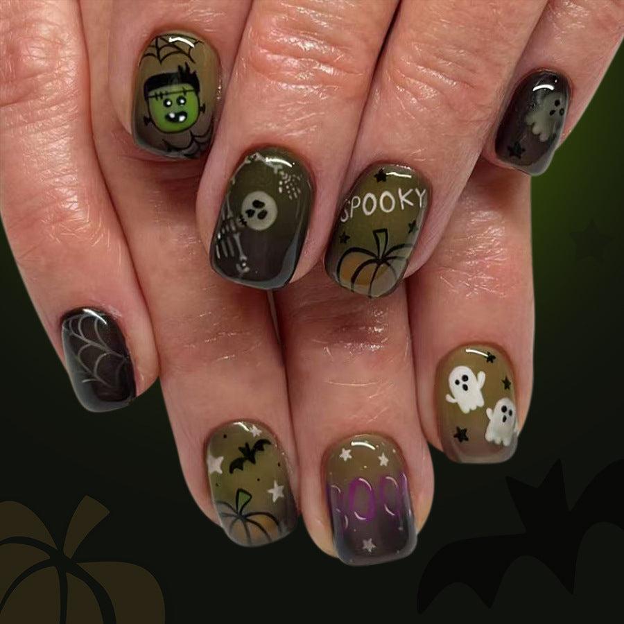 Spooky Extra Short Square Olive Green Halloween Themed Press On Nail Set with Fun Character Prints