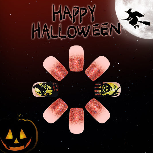 Spooky Sparkle Medium Square Pink Glitter Press On Nail Set with Halloween-Themed Designs