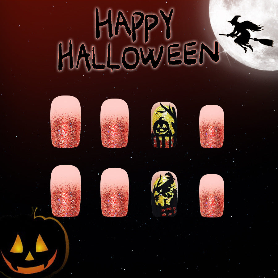 Spooky Season Glamour Medium Square Glittery Red and Black Nail Set with Halloween-Themed Designs