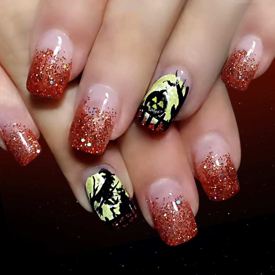 Spooky Halloween Medium Square Glittery Orange Press On Nail Set with Unique Pumpkin Design