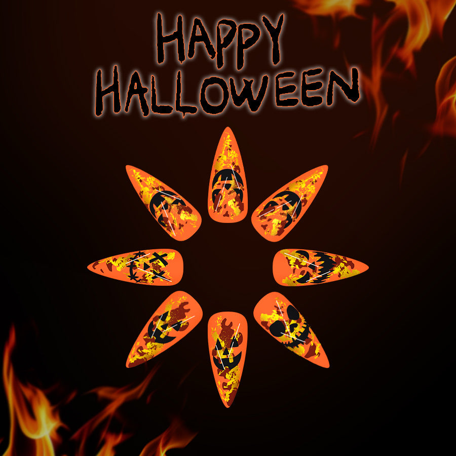 Spooky Halloween Long Stiletto Orange Press On Nail Set with Fiery Pumpkin Design