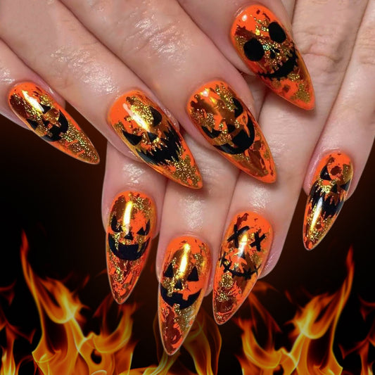 Spooky Halloween Long Stiletto Orange Glitter Press On Nail Set with Jack-O-Lantern Design
