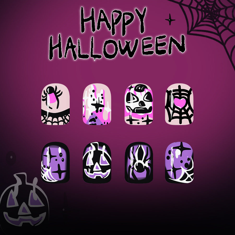 Spooktacular Festive Purple Short Square Nail Set with Halloween Themed Art