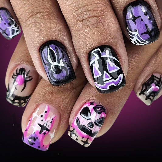 Spooky Elegance Short Square Purple and Black Press On Nail Set with Halloween-Themed Art