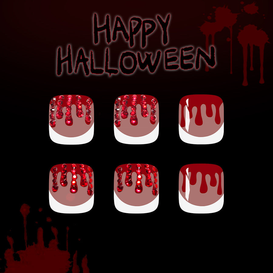 Spooktacular Shiny Short Square Red Dripping Blood Press-On Toenail Set with Glitter Accents