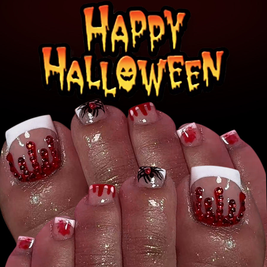 Spooky Halloween Short Square Red Glitter and Blood Drip Press on Toenail Set