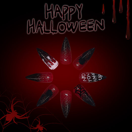 Spooky Halloween Long Almond Red and Black Nails with Glitter and Creepy Designs