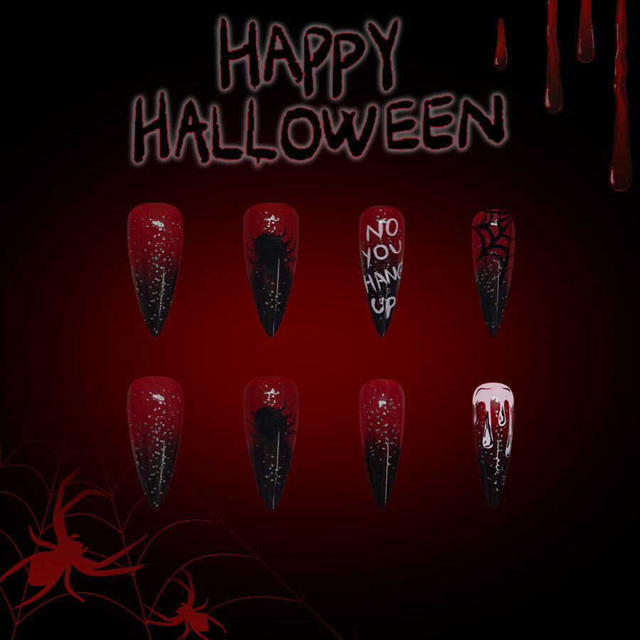 Spooktacular Gothic Red Long Stiletto Nails with Spider and Blood Drip Design