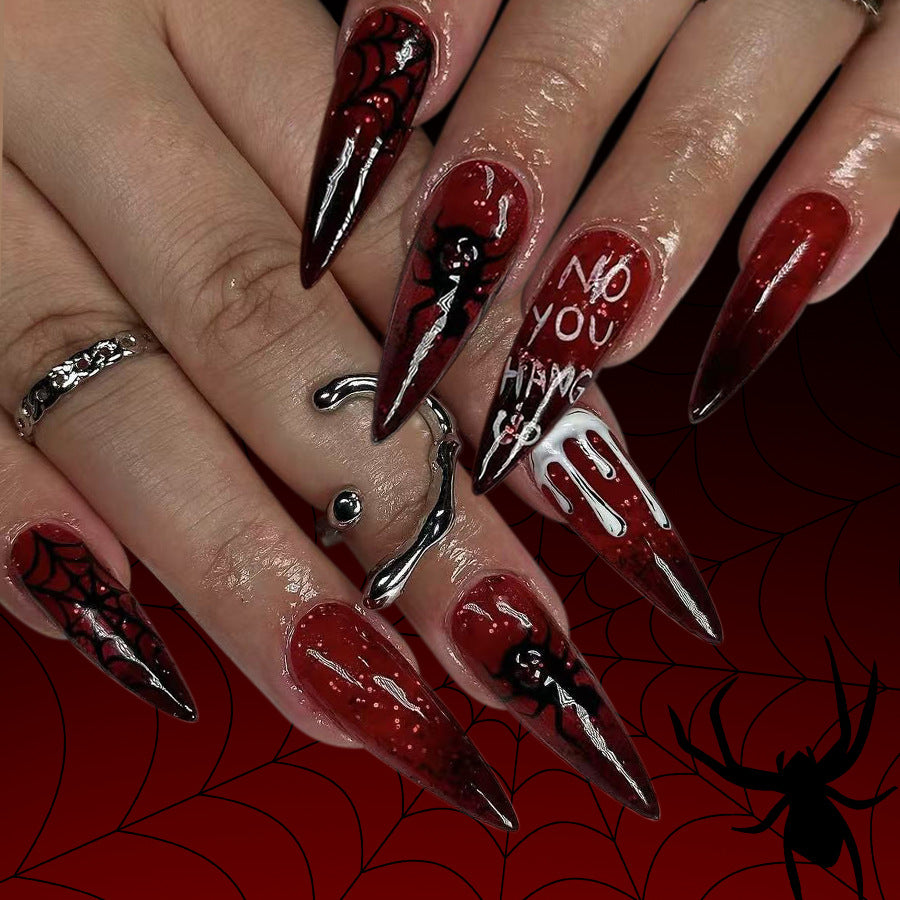 Spooky Gothic Long Stiletto Dark Red Nails with Spider Web Design and Dripping Blood Detail