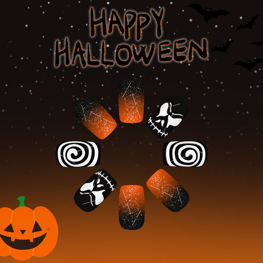 Spooky Halloween Long Square Orange and Black Gradient with Skull and Swirl Designs Press On Nail Set
