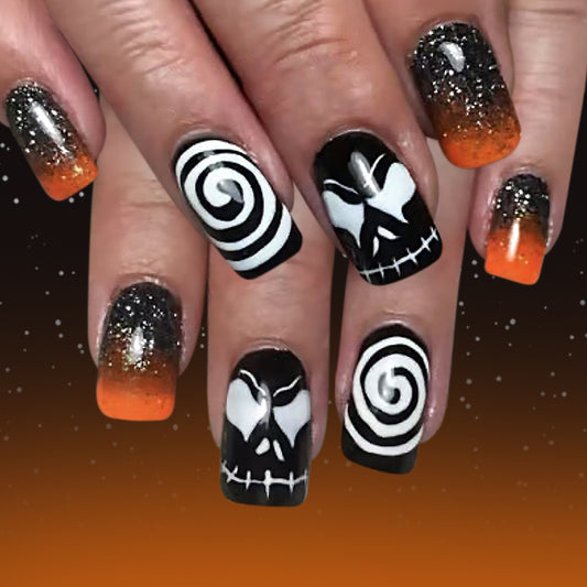 Spooky season long Square black and orange gradient press on nail set with mesmerizing skull and spiral design