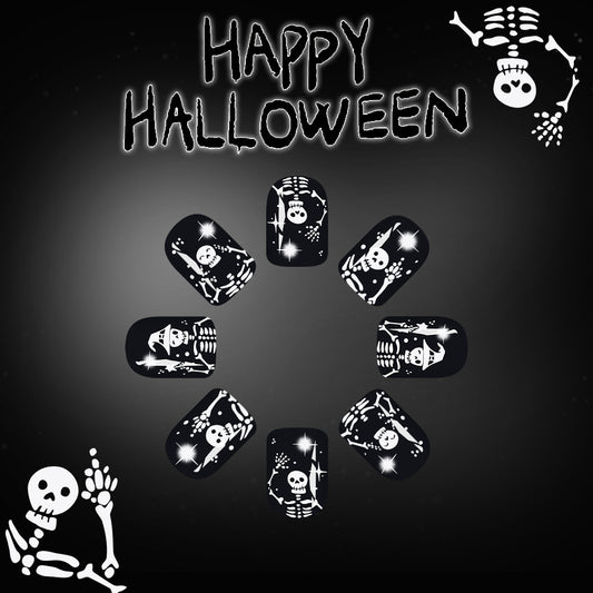 Spooky Skeleton Halloween Short Square Black Nail Set with Glow in the Dark Features