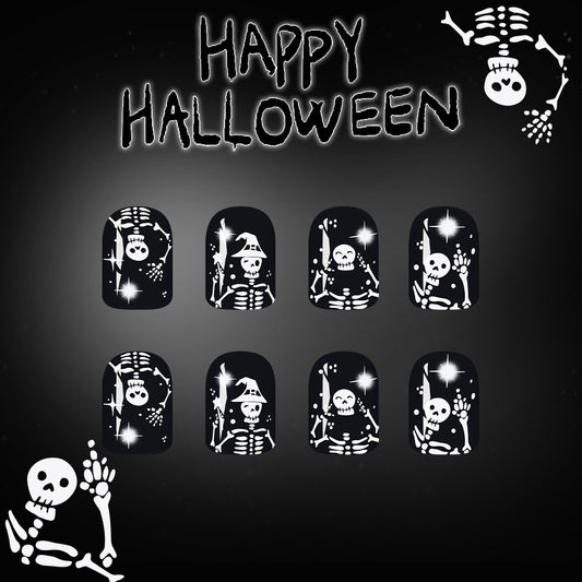Spooky Halloween Themed Short Square Black Press On Nail Set Featuring Whimsical Skeleton Designs