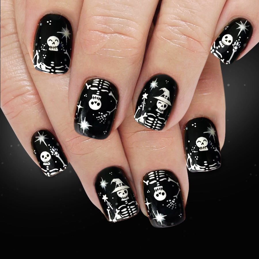 Spooky Skeleton Black Short Square Press On Nail Set with Unique Glow in the Dark Feature